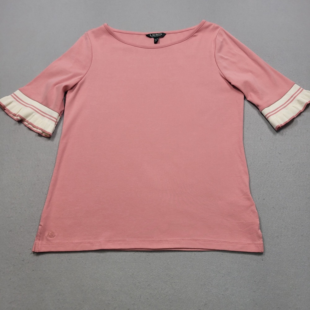 Lauren Ralph Lauren Pink Ruffle Bell Sleeve Knit Top XL Boat Neck LRL Logo